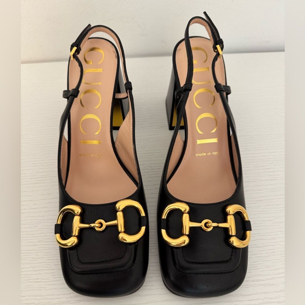 GUCCI Baby Horsebit Slingback Leather Pump Black Gold EU 36 Authentic Shoes